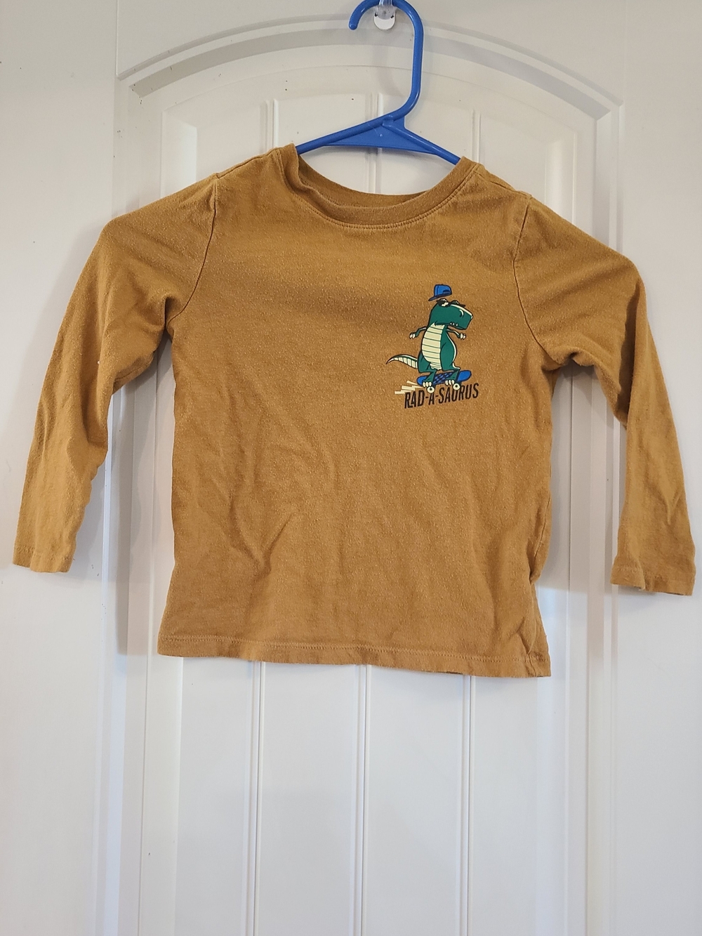 Old Navy Mustard Long-Sleeve Tee with Green Dino Graphic 4T